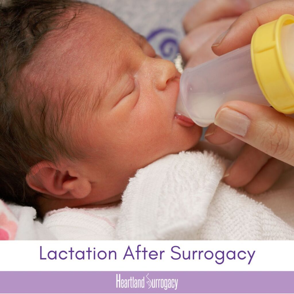 photo of baby born through surrogacy being fed pumped milk with a bottle. Title of blog post "Lactation After Surrogacy" and the Heartland Surrogacy logo