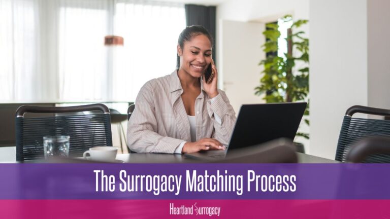 latina surrogate talking during a match call. "The Surrogacy Matching Process", Heartland Surrogacy logo